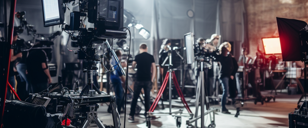 Filmset mit Crew, Kameras und Beleuchtung, on Location